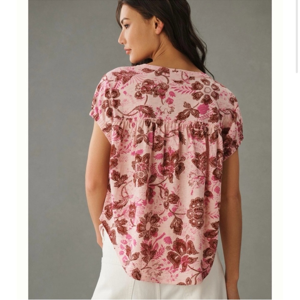 Anthropologie Pilcro Ruched Henley Tee S Pink Floral Print 100% Cotton Boho Top - Picture 2 of 6